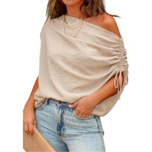 image:imageCHICME Off Shoulder Tops for Women Summer Skew Neck Blouse Adjustable Drawstring Sleeve Loose Fit Casual TopApricot