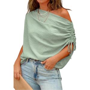 image:imageCHICME Off Shoulder Tops for Women Summer Skew Neck Blouse Adjustable Drawstring Sleeve Loose Fit Casual TopPalegreen