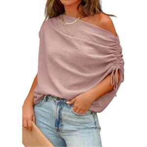image:imageCHICME Off Shoulder Tops for Women Summer Skew Neck Blouse Adjustable Drawstring Sleeve Loose Fit Casual TopRed Bean