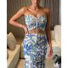 image:imageCHICME Floral Printed Prom Dress Tie Ruched Shirred Bandeau Party Dress Slim Fit Ruffle Hem Vacation DressesPrinted Blue