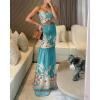 image:imageCHICME Floral Printed Prom Dress Tie Ruched Shirred Bandeau Party Dress Slim Fit Ruffle Hem Vacation DressesPrinted Green