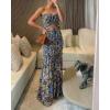 image:imageCHICME Floral Printed Prom Dress Tie Ruched Shirred Bandeau Party Dress Slim Fit Ruffle Hem Vacation DressesPurplish Blue