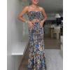 image:imageCHICME Floral Printed Prom Dress Tie Ruched Shirred Bandeau Party Dress Slim Fit Ruffle Hem Vacation DressesPurplish Blue
