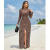 image:imageCHICME Womens Maxi Dresses 2 Piece Floral Mesh Set Sheer Long Sleeve Cover Up Mini Slip Spring Break Outfits Resort VacationBrown