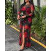 image:imageCHICME Womens Maxi Dresses 2 Piece Floral Mesh Set Sheer Long Sleeve Cover Up Mini Slip Spring Break Outfits Resort VacationRed
