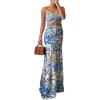image:imageCHICME Floral Printed Prom Dress Tie Ruched Shirred Bandeau Party Dress Slim Fit Ruffle Hem Vacation DressesPrinted Blue