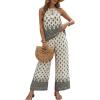 image:imageCHICME Womens Summer 2 Piece Boho Outfits Shimmering Rhinestone Haltered Top and Wide Leg Pants Vacation SetAapricot