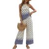 image:imageCHICME Womens Summer 2 Piece Boho Outfits Shimmering Rhinestone Haltered Top and Wide Leg Pants Vacation SetBlue