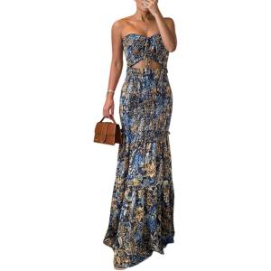 image:imageCHICME Floral Printed Prom Dress Tie Ruched Shirred Bandeau Party Dress Slim Fit Ruffle Hem Vacation DressesPurplish Blue