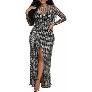 image:imageCHICME Womens Maxi Dresses 2 Piece Floral Mesh Set Sheer Long Sleeve Cover Up Mini Slip Spring Break Outfits Resort VacationAblack