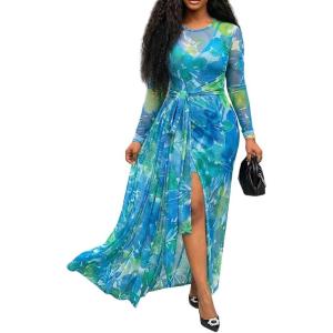 image:imageCHICME Womens Maxi Dresses 2 Piece Floral Mesh Set Sheer Long Sleeve Cover Up Mini Slip Spring Break Outfits Resort VacationBlue