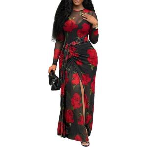 image:imageCHICME Womens Maxi Dresses 2 Piece Floral Mesh Set Sheer Long Sleeve Cover Up Mini Slip Spring Break Outfits Resort VacationRed
