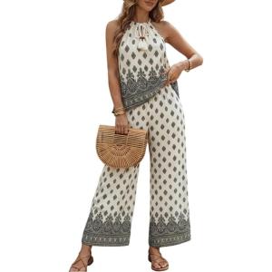 image:imageCHICME Womens Summer 2 Piece Boho Outfits Shimmering Rhinestone Haltered Top and Wide Leg Pants Vacation SetAapricot