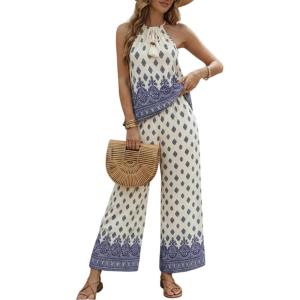 image:imageCHICME Womens Summer 2 Piece Boho Outfits Shimmering Rhinestone Haltered Top and Wide Leg Pants Vacation SetBlue