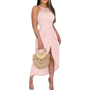 image:imageCHICME Womens Summer Halter Ruched Bodycon Long Dresses Hollow Out A Line Eyelet Embroidery amp Side Slit Vacation Tank DressLight Pink