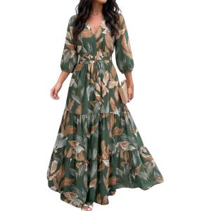 image:imageCHICME Womens Summer Boho Maxi Dress V Neck 34 Puff Sleeve Floral Flowy Wedding Guest Vacation Beach Long DressGreen