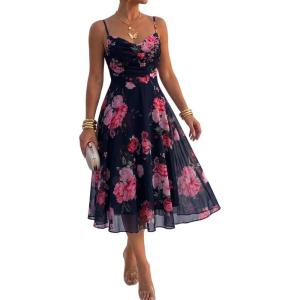 image:imageCHICME Womens Floral Mesh Midi Dress 2026 Summer Cowl Neck Adjustable Strap A Line Cinched Zipper Back Cocktail Party DressBlack