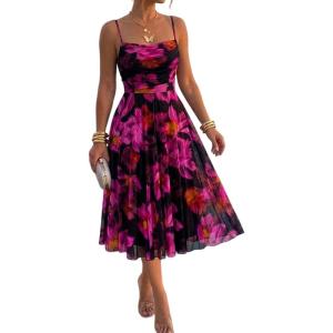 image:imageCHICME Womens Floral Mesh Midi Dress 2026 Summer Cowl Neck Adjustable Strap A Line Cinched Zipper Back Cocktail Party DressBlack B