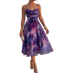 image:imageCHICME Womens Floral Mesh Midi Dress 2026 Summer Cowl Neck Adjustable Strap A Line Cinched Zipper Back Cocktail Party DressDark Purple