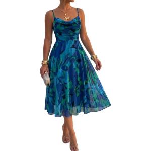 image:imageCHICME Womens Floral Mesh Midi Dress 2026 Summer Cowl Neck Adjustable Strap A Line Cinched Zipper Back Cocktail Party DressGreen