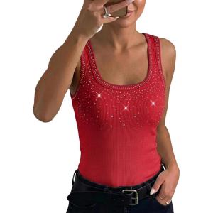 image:imageCHICME Womens Sleeveless U Neck Tank Top Rhinestone Ribbed Fitted Shirts Cute Summer Going Out Clothes 2026Red