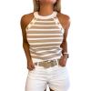 image:imageCHICME Womens Tank Tops Knit Crewneck Striped Shirt Sleeveless Summer Sweater Gold Button Detail Slim Fit Going Out TopsKhaki