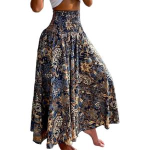 image:imageCHICME Boho Floral Shirred High Waisted Wide Leg Pants Flowy Trousers Summer Beach Vacation WearAblue