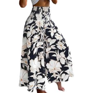 image:imageCHICME Boho Floral Shirred High Waisted Wide Leg Pants Flowy Trousers Summer Beach Vacation WearBlack Floral