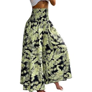 image:imageCHICME Boho Floral Shirred High Waisted Wide Leg Pants Flowy Trousers Summer Beach Vacation WearGreen