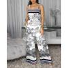 image:imageCHICME Jumpsuits for Women Summer Tropical Print One Piece Stretchy Straps Wide Leg Long Rompers With Pockets amp Belt VacationBlackwhite