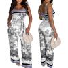 image:imageCHICME Jumpsuits for Women Summer Tropical Print One Piece Stretchy Straps Wide Leg Long Rompers With Pockets amp Belt VacationBlackwhite
