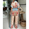 image:imageCHICME Boho Jumpsuit for Women Floral Short Sleeve Wide Leg Romper with Pockets One Piece Vacation OutfitsBlue