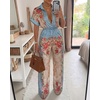 image:imageCHICME Boho Jumpsuit for Women Floral Short Sleeve Wide Leg Romper with Pockets One Piece Vacation OutfitsBlue