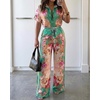 image:imageCHICME Boho Jumpsuit for Women Floral Short Sleeve Wide Leg Romper with Pockets One Piece Vacation OutfitsGreen