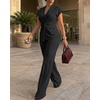 image:imageCHICME Women 2 Piece Outfits Twist Front Zipper Top and Elastic Waist Straight Leg Pants Set Casual Matching SetBlack