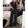 image:imageCHICME Women 2 Piece Outfits Twist Front Zipper Top and Elastic Waist Straight Leg Pants Set Casual Matching SetBlack