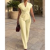 image:imageCHICME Women 2 Piece Outfits Twist Front Zipper Top and Elastic Waist Straight Leg Pants Set Casual Matching SetLight Yellow