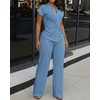 image:imageCHICME Women 2 Piece Outfits Twist Front Zipper Top and Elastic Waist Straight Leg Pants Set Casual Matching SetPurplish Blue