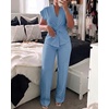 image:imageCHICME Women 2 Piece Outfits Twist Front Zipper Top and Elastic Waist Straight Leg Pants Set Casual Matching SetPurplish Blue