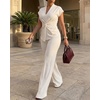 image:imageCHICME Women 2 Piece Outfits Twist Front Zipper Top and Elastic Waist Straight Leg Pants Set Casual Matching SetWhite