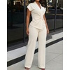 image:imageCHICME Women 2 Piece Outfits Twist Front Zipper Top and Elastic Waist Straight Leg Pants Set Casual Matching SetWhite