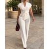 image:imageCHICME Women 2 Piece Outfits Twist Front Zipper Top and Elastic Waist Straight Leg Pants Set Casual Matching SetWhite