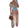 image:imageCHICME Boho Jumpsuit for Women Floral Short Sleeve Wide Leg Romper with Pockets One Piece Vacation OutfitsBlue