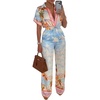 image:imageCHICME Boho Jumpsuit for Women Floral Short Sleeve Wide Leg Romper with Pockets One Piece Vacation OutfitsBluea