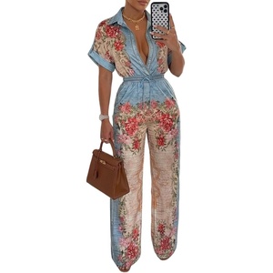 image:imageCHICME Boho Jumpsuit for Women Floral Short Sleeve Wide Leg Romper with Pockets One Piece Vacation OutfitsBlue