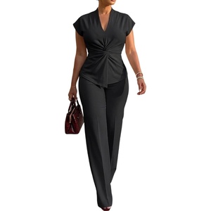 image:imageCHICME Women 2 Piece Outfits Twist Front Zipper Top and Elastic Waist Straight Leg Pants Set Casual Matching SetBlack