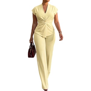 image:imageCHICME Women 2 Piece Outfits Twist Front Zipper Top and Elastic Waist Straight Leg Pants Set Casual Matching SetLight Yellow