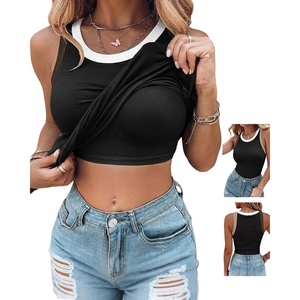 image:imageCHICME Womens ColorBlock Built in Bra Tank Tops Sleeveless Padded Racerback Casual Shirts Ribbed Fitted Basic TopAblack