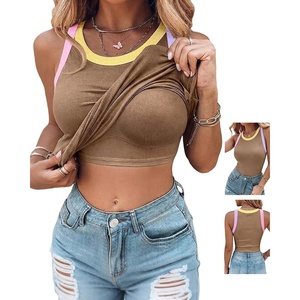 image:imageCHICME Womens ColorBlock Built in Bra Tank Tops Sleeveless Padded Racerback Casual Shirts Ribbed Fitted Basic TopCoffee