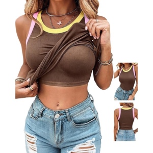 image:imageCHICME Womens ColorBlock Built in Bra Tank Tops Sleeveless Padded Racerback Casual Shirts Ribbed Fitted Basic TopDark Brown